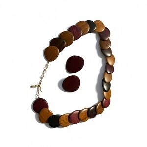 Wooden Disc Necklace and‎ Earrings Set Brown Purple Statement Jewelry Women